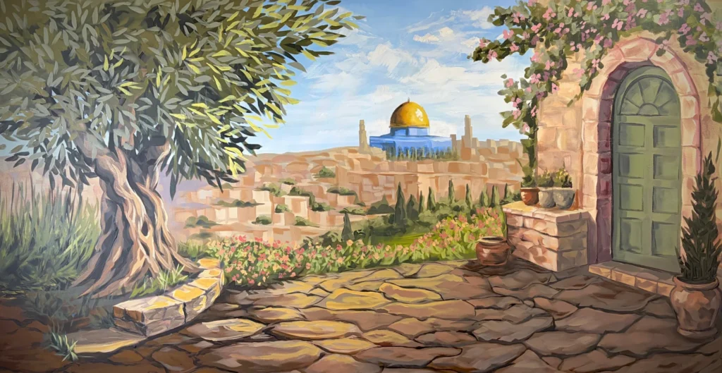 A Door to Al-Quds, painting by Caleb Wassell and Abid Shalabi: an old olive tree and a green arched door frame a stone courtyard overlooking Jerusalem and the Dome of the Rock in Palestine.