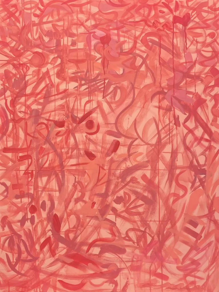 Death or Birth, Red Calligraphy, painting by Caleb Wassell: dense red calligraphic strokes over a soft coral ground, abstract.