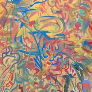 Whatever Place You Are, Marks on Yellow, painting by Caleb Wassell: blue and red gestural marks scattered over a warm yellow ground, abstract.