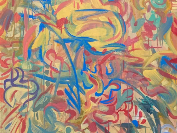 Whatever Place You Are Whatever Place You Are, Marks on Yellow, painting by Caleb Wassell: blue and red gestural marks scattered over a warm yellow ground, abstract.