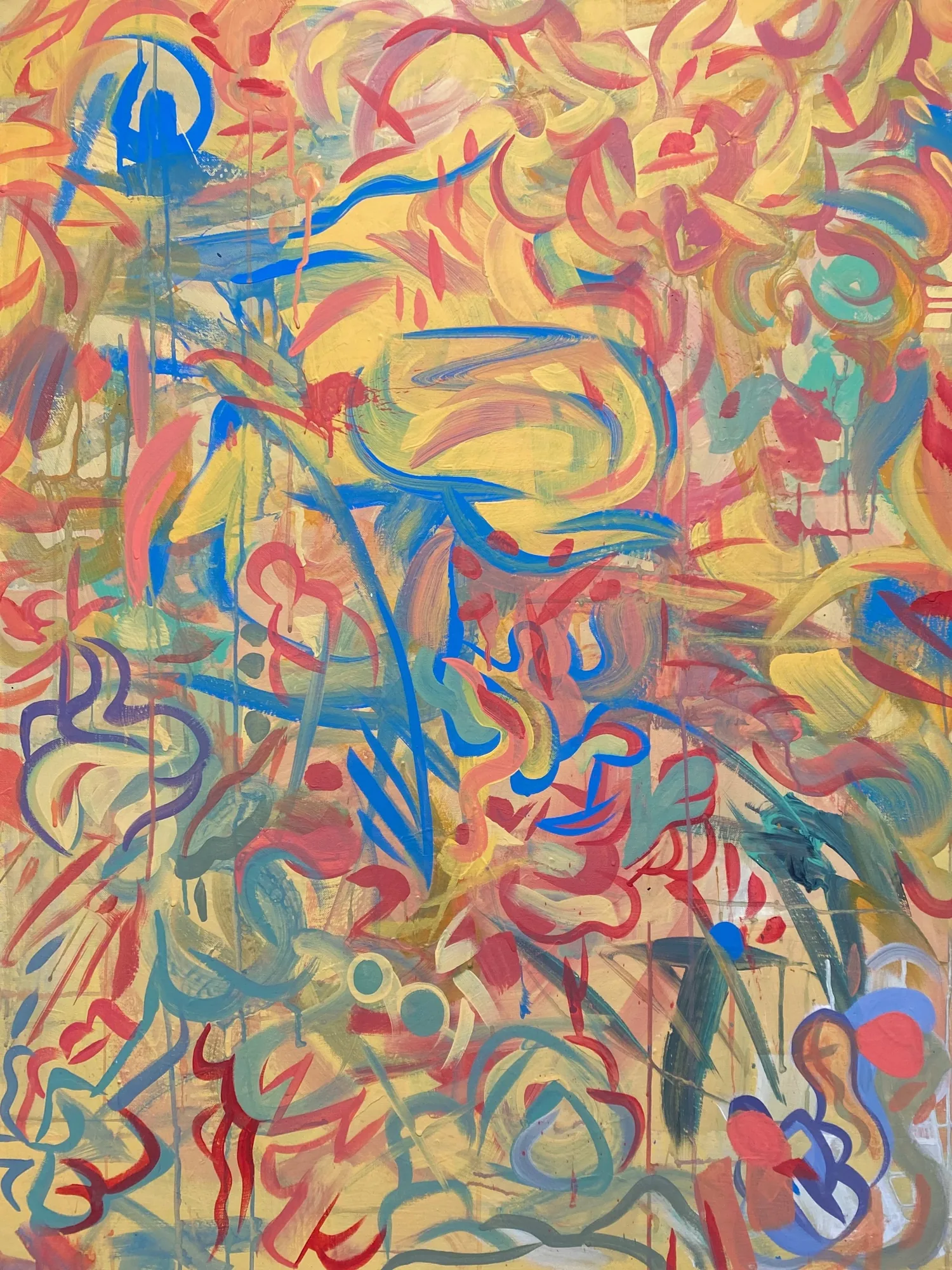 Whatever Place You Are, Marks on Yellow, painting by Caleb Wassell: blue and red gestural marks scattered over a warm yellow ground, abstract.