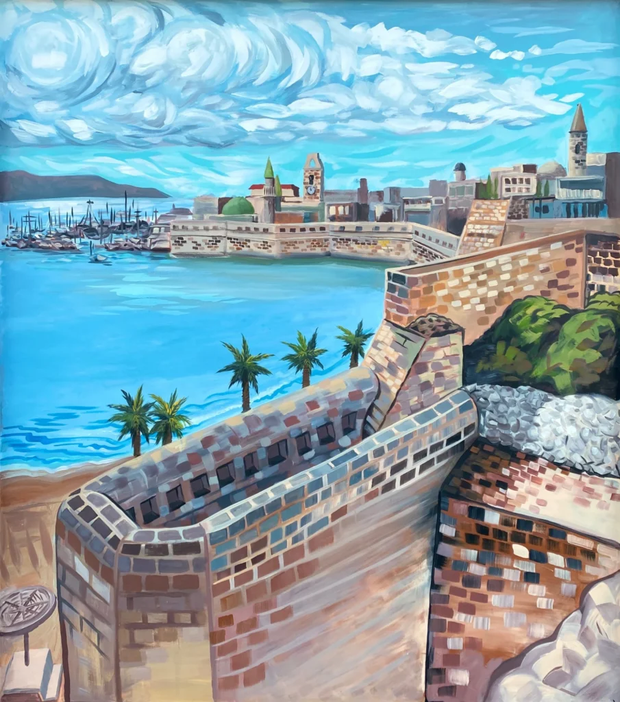 Akka, The Harbor Wall, mural by Caleb Wassell and Abid Shalabi: a coastal fortress wall with palm trees overlooking a harbor and old city.