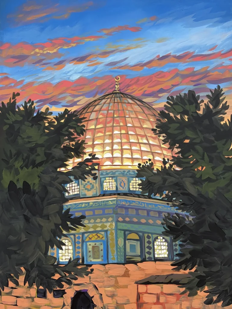 Al-Aqsa, painting by Caleb Wassell: the golden Dome of the Rock at sunset, framed by dark trees in Jerusalem, Palestine.