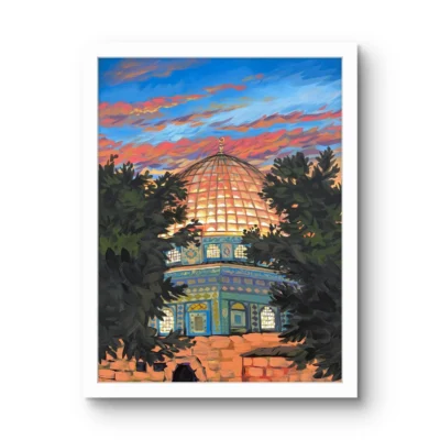 Al-Aqsa fine art print by Caleb Wassell: the golden Dome of the Rock glowing at sunset, framed by dark trees in Jerusalem, Palestine, shown framed.