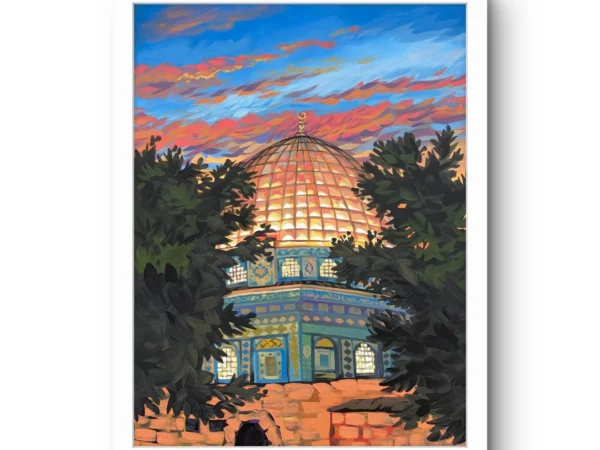Al-Aqsa fine art print by Caleb Wassell: the golden Dome of the Rock glowing at sunset, framed by dark trees in Jerusalem, Palestine, shown framed.