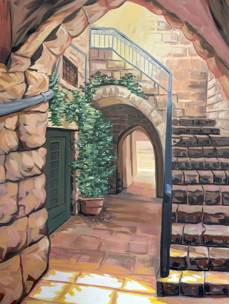 Al-Yasmina, Nablus in Palestine, painting by Caleb Wassell and Abid Shalabi: an arched stone alley with a stairway, green door, and climbing plants.