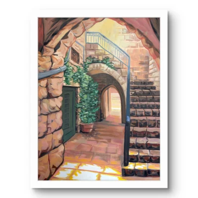 Al-Yasmina fine art print by Caleb Wassell: a sunlit stone courtyard with arches, a stairway with a blue railing and climbing jasmine, shown framed.