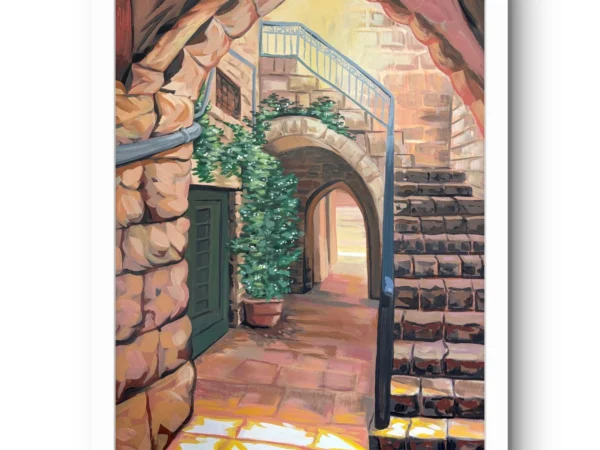 Al-Yasmina fine art print by Caleb Wassell: a sunlit stone courtyard with arches, a stairway with a blue railing and climbing jasmine, shown framed.