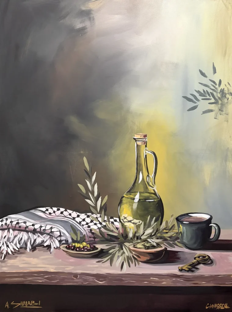 Barakah, painting by Caleb Wassell and Abid Shalabi: Palestinian still life of an olive oil bottle, olive branches, a keffiyeh, and a key on a table.