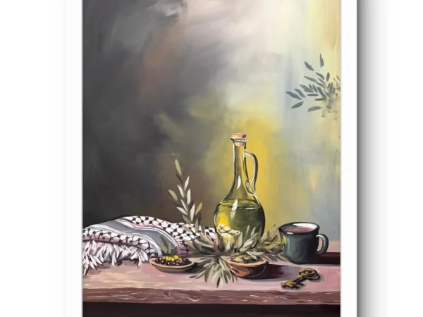 Barakah fine art print by Caleb Wassell and Abid Shalabi: an olive oil bottle, olive branches, a keffiyeh and a key on a wooden table, shown framed.