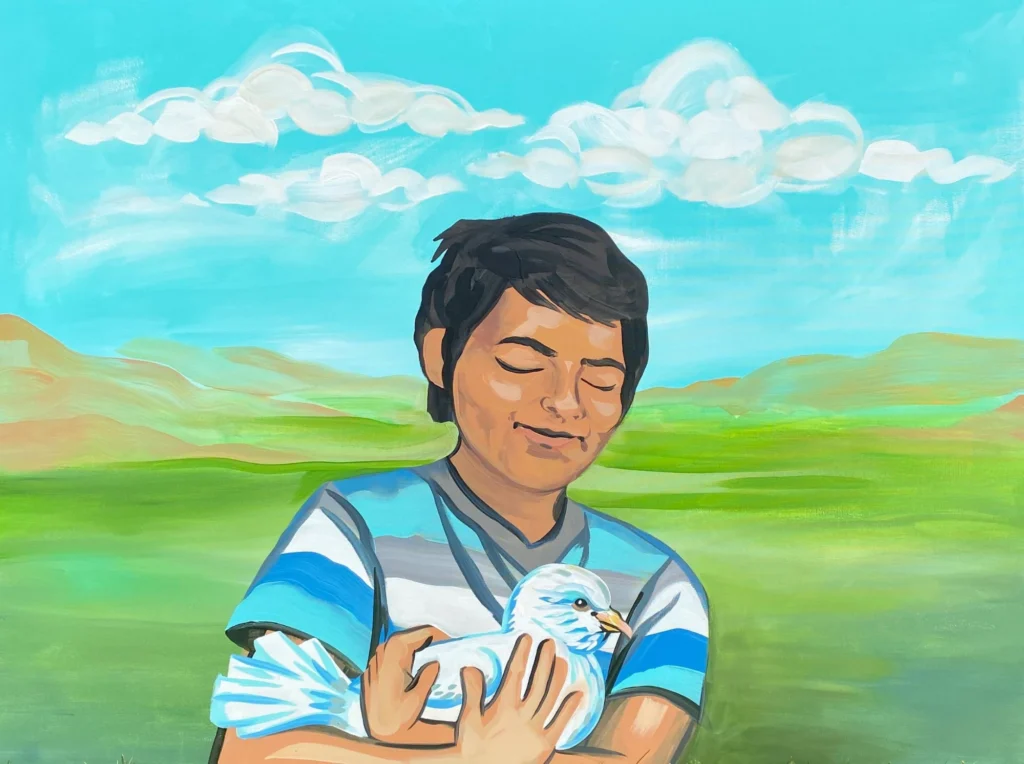 Boy with the Dove, painting by Caleb Wassell: a smiling boy with his eyes closed, in a blue and white striped shirt, holds a white dove against green hills and a bright blue sky.