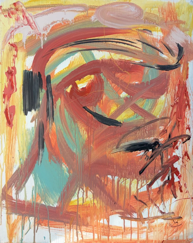 Closed Eye, painting by Caleb Wassell: sweeping strokes of rust, orange and teal with black slashes forming a sleeping face, dripping paint on a pale yellow ground, abstract.