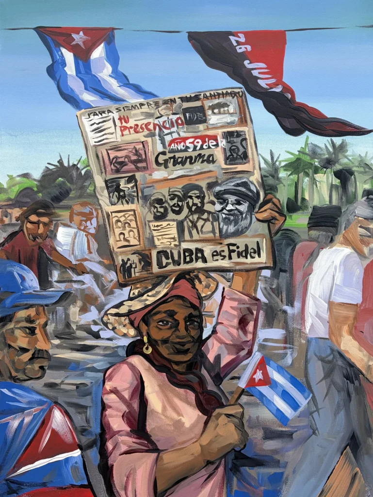Cuba es Fidel, painting by Caleb Wassell: a woman carries a newspaper-collage sign of Fidel Castro through a crowded march with Cuban flags on May Day