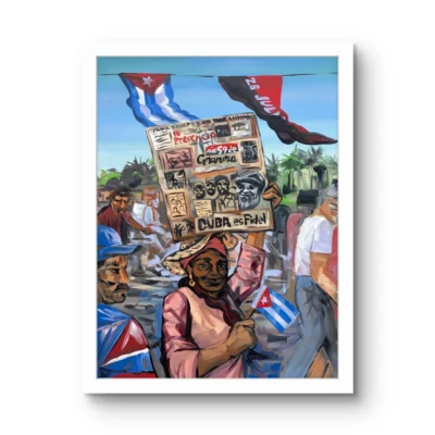 Cuba es Fidel fine art print by Caleb Wassell: a woman carrying a Cuba es Fidel sign through a crowd with Cuban flags, shown framed.