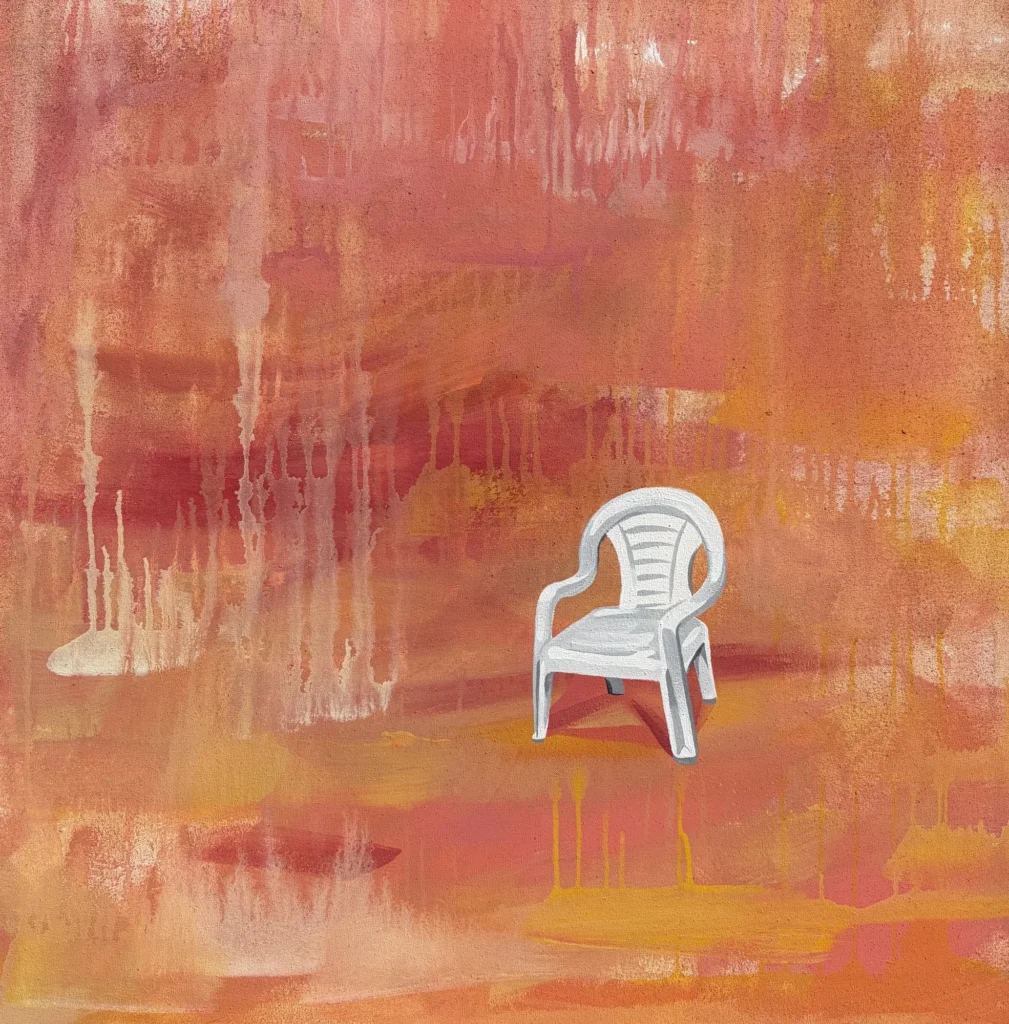 Dar Seedi, painting by Caleb Wassell: a single white plastic chair on a washed red-orange background.