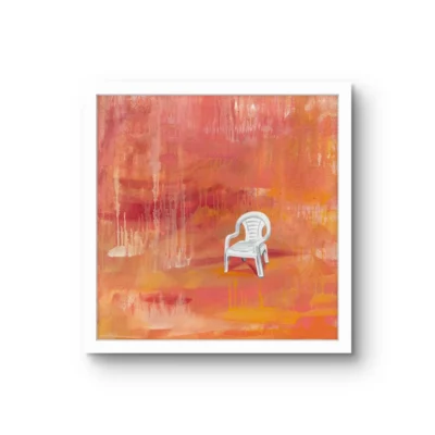 Dar Seedi fine art print by Caleb Wassell: a single white plastic chair on a washed red-orange background, shown framed.