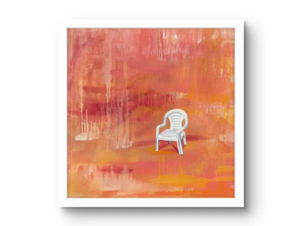 Dar Seedi fine art print by Caleb Wassell: a single white plastic chair on a washed red-orange background, shown framed.