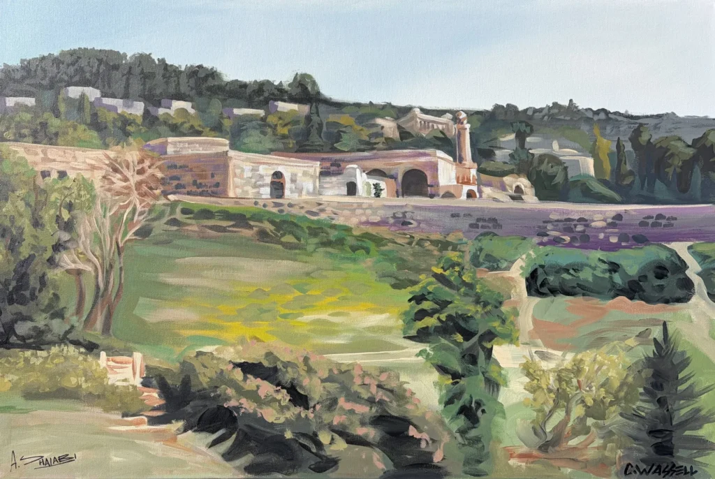 Ein Karem, Jerusalem in Palestine, painting by Caleb Wassell and Abid Shalabi: a hillside village of stone buildings above green fields.