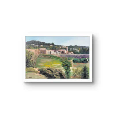 Ein Karem fine art print by Caleb Wassell and Abid Shalabi: a stone village with a minaret above green terraced fields, shown framed.