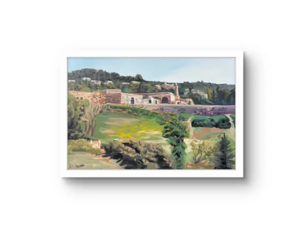 Ein Karem fine art print by Caleb Wassell and Abid Shalabi: a stone village with a minaret above green terraced fields, shown framed.