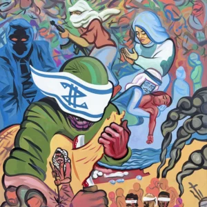 Ending the Entity, painting by Caleb Wassell: a dense, swirling scene of masked resistance figures, a flag-wrapped zionist soldier, and bound Palestinian captives.