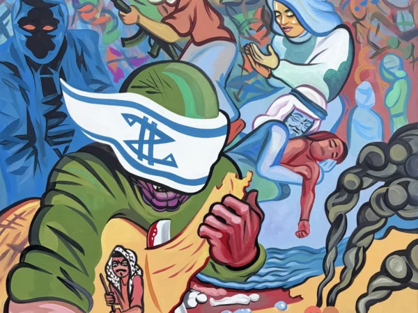 Ending the Entity Ending the Entity, painting by Caleb Wassell: a dense, swirling scene of masked resistance figures, a flag-wrapped zionist soldier, and bound Palestinian captives.