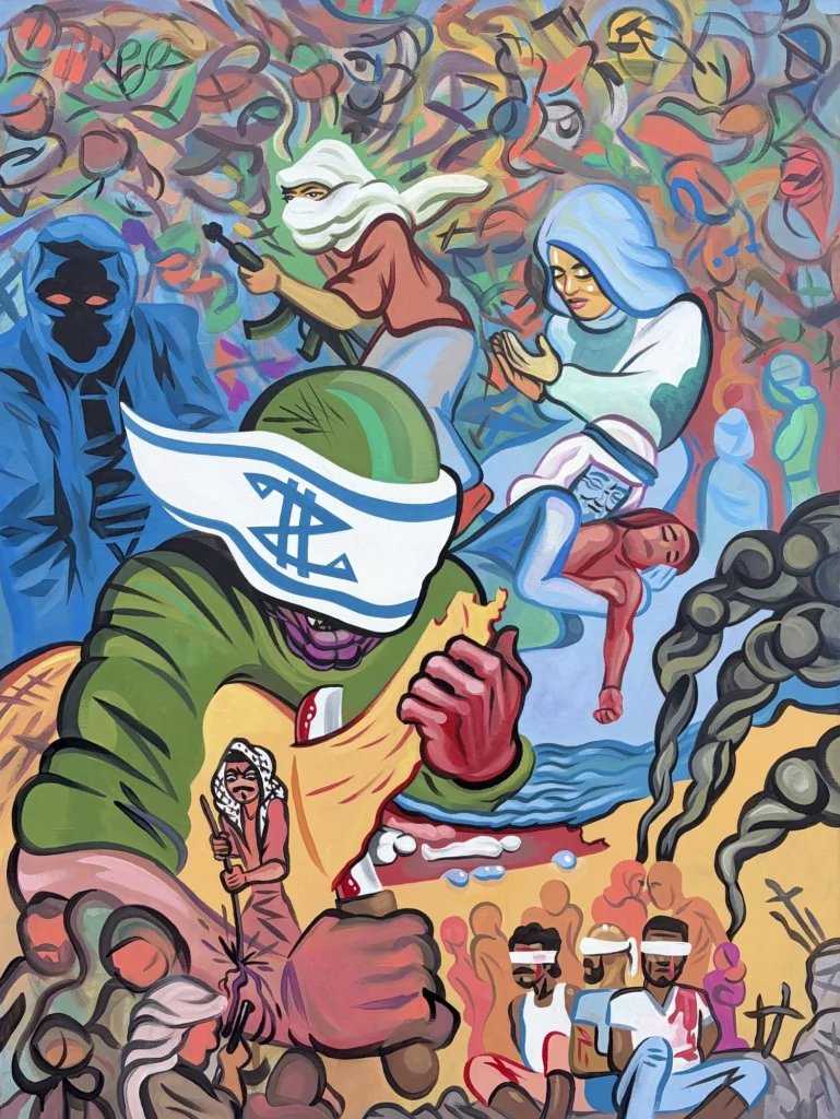 Ending the Entity, painting by Caleb Wassell: a dense, swirling scene of masked resistance figures, a flag-wrapped zionist soldier, and bound Palestinian captives.