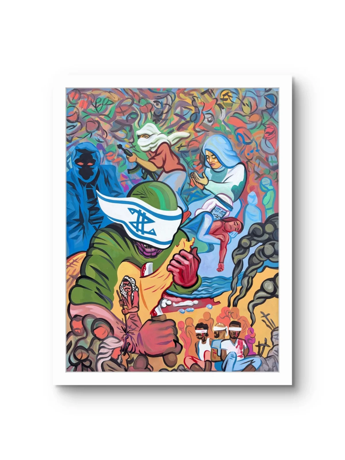 Ending the Entity fine art print by Caleb Wassell: a dense, swirling scene of masked resistance figures, a flag-blindfolded soldier and Palestinian captives, shown framed.