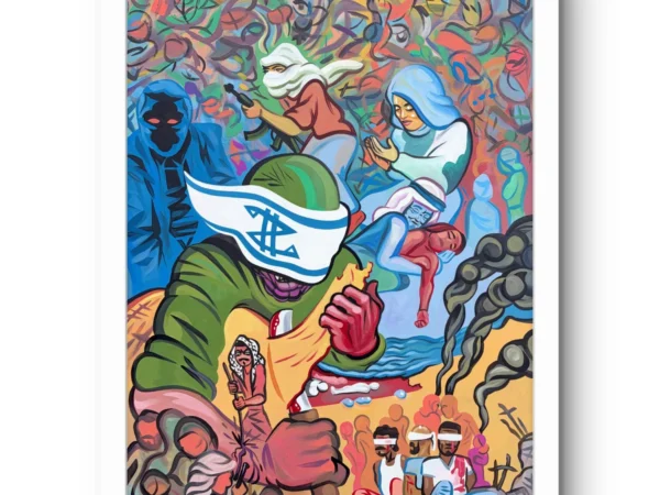 Ending the Entity fine art print by Caleb Wassell: a dense, swirling scene of masked resistance figures, a flag-blindfolded soldier and Palestinian captives, shown framed.