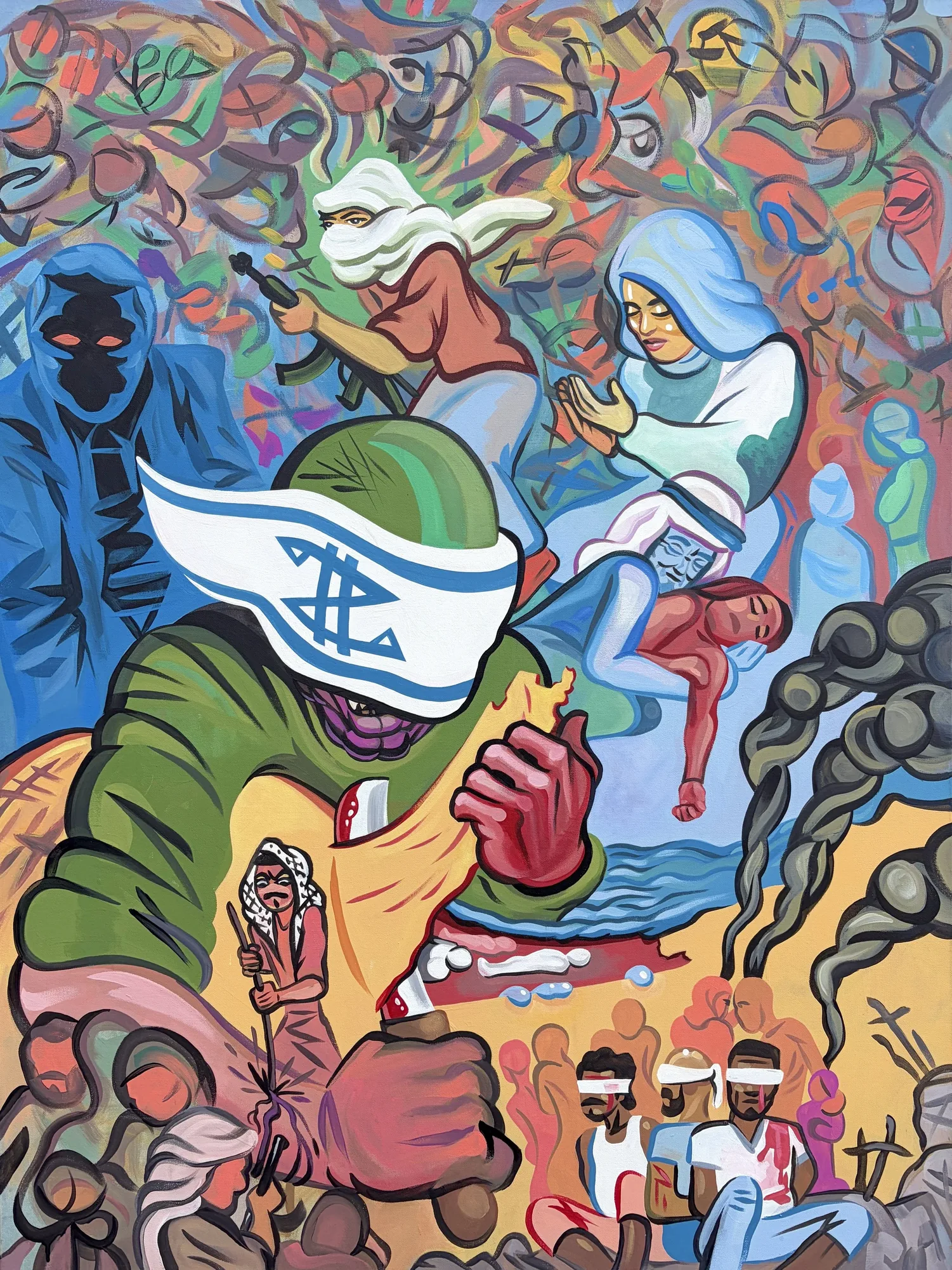 Ending the Entity, painting by Caleb Wassell: a dense, swirling scene of masked resistance figures, a flag-wrapped zionist soldier, and bound Palestinian captives.