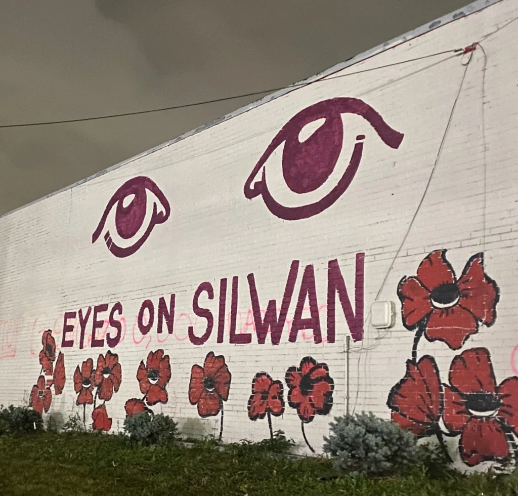 Eyes on Silwan, mural by Caleb Wassell: two large purple eyes above the words Eyes on Silwan and a row of red poppies with eyes on a white brick wall.