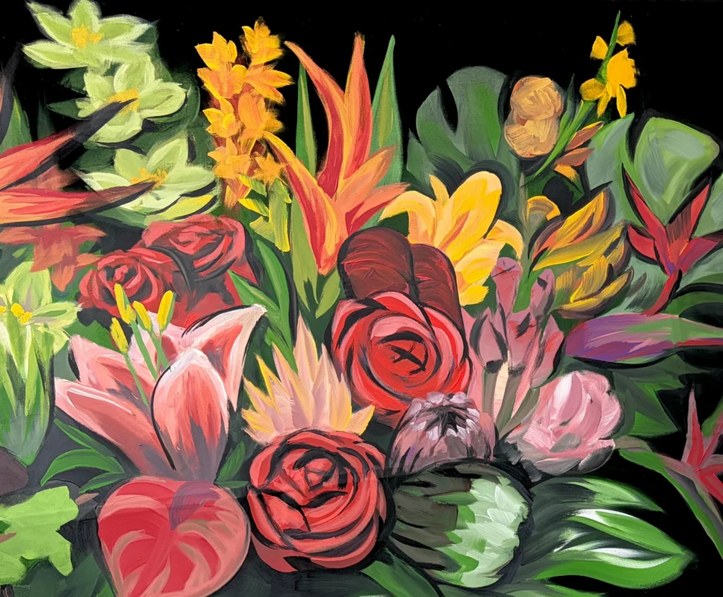 Flowers Unlimited Tropical Bouquet, painting by Caleb Wassell: close-up of red roses, pink lilies, birds of paradise, protea and heliconia against a black background.