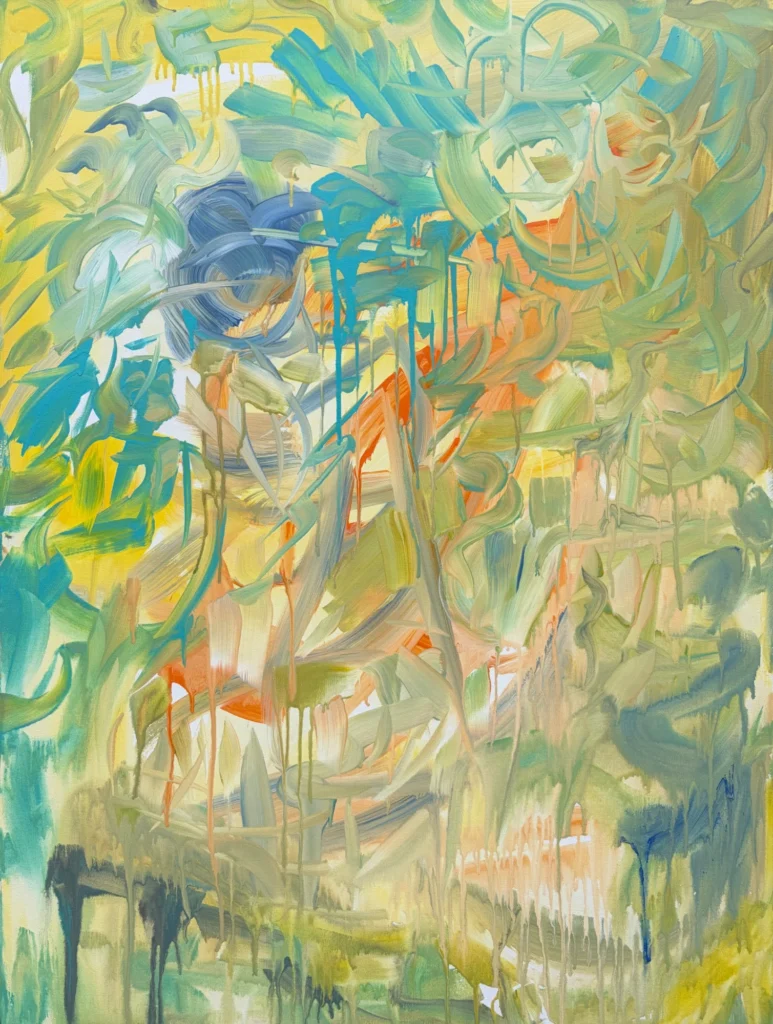 Garden Rain, painting by Caleb Wassell: swirling strokes of sage green, teal, butter yellow and orange with long drips running down the canvas, abstract.