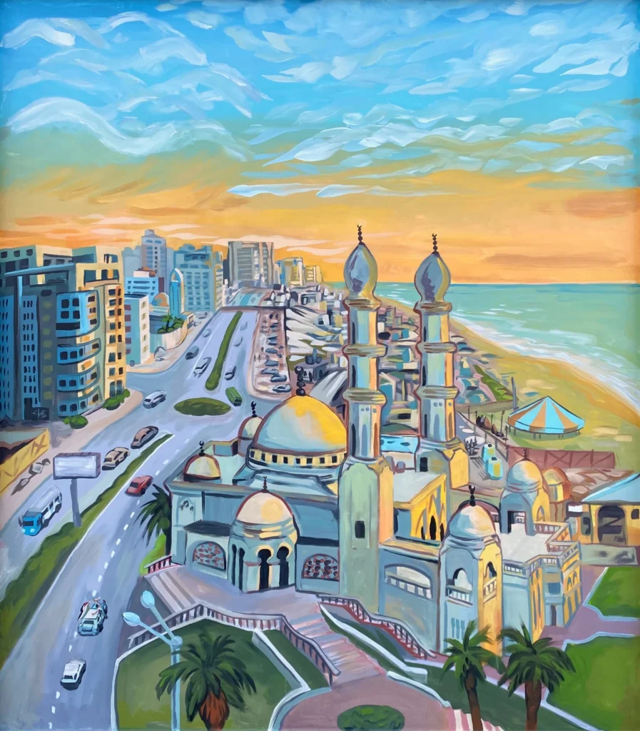 Gaza City, Seaside Boulevard, mural by Caleb Wassell and Abid Shalabi: a seaside boulevard with a domed mosque, palm trees, and high-rise buildings.