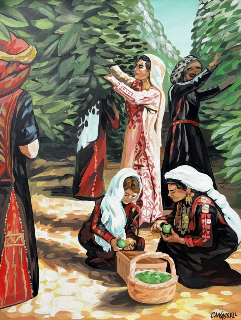 Harvest in Palestine, painting by Caleb Wassell: women in embroidered thobes picking olives into a basket beneath the trees.