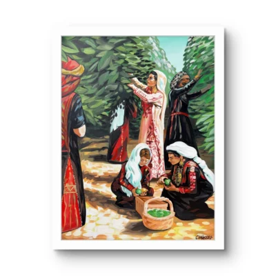 Harvest fine art print by Caleb Wassell: Palestinian women in embroidered thobes picking olives in a grove, shown framed.