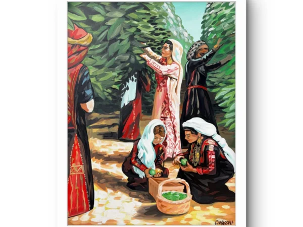 Harvest fine art print by Caleb Wassell: Palestinian women in embroidered thobes picking olives in a grove, shown framed.
