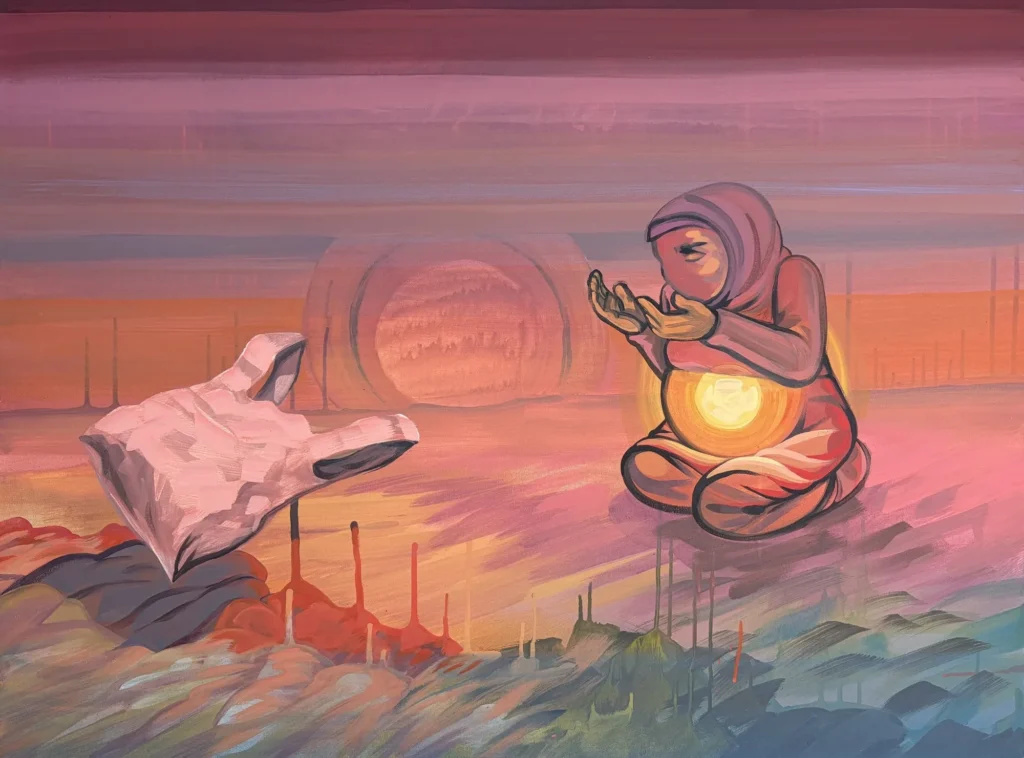 How You Were Carried, painting by Caleb Wassell: a kneeling pregnant figure holding a glowing light beside a plastic bag shroud at sunset.