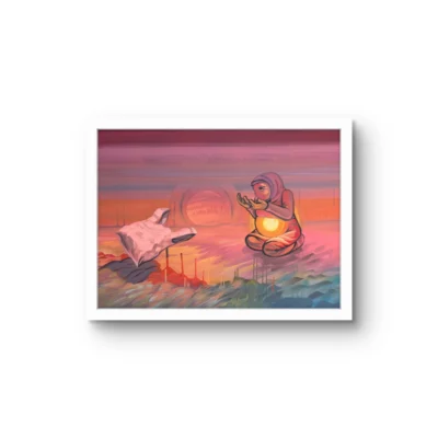 How You Were Carried fine art print by Caleb Wassell: a kneeling pregnant figure holding a glowing light beside a plastic bag shroud at sunset, shown framed.