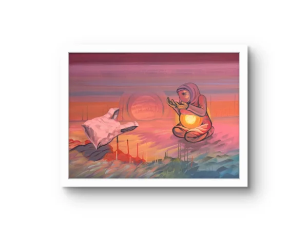 How You Were Carried fine art print by Caleb Wassell: a kneeling pregnant figure holding a glowing light beside a plastic bag shroud at sunset, shown framed.