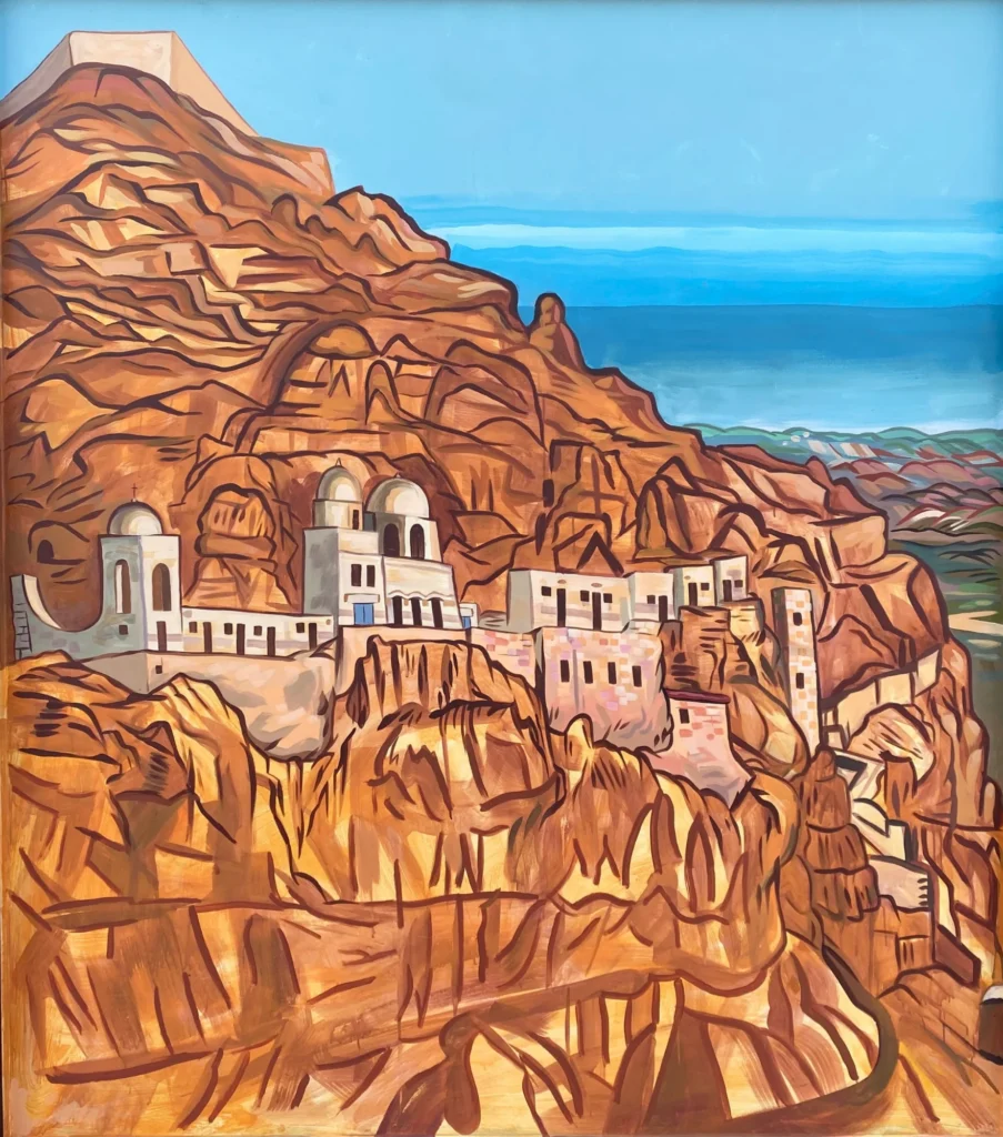 Jericho, Cliffside Monastery, mural by Caleb Wassell and Abid Shalabi: a monastery built into a sheer rocky cliff above the sea.