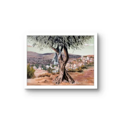 Valley and the Breeze fine art print by Caleb Wassell and Abid Shalabi: an old olive tree draped with a keffiyeh above a hillside village in Palestine, shown framed.