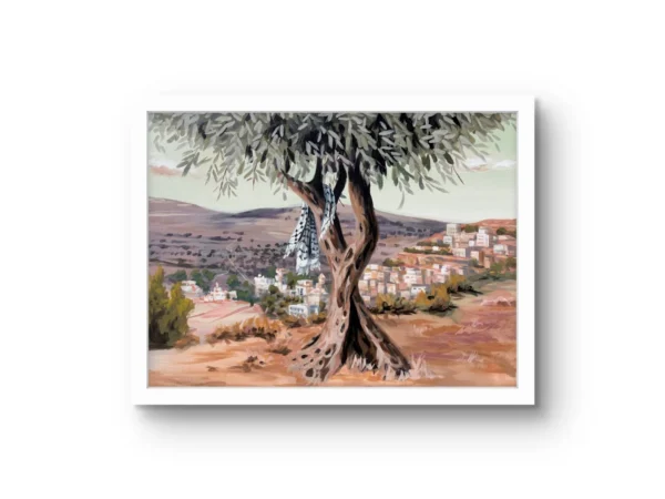 Valley and the Breeze fine art print by Caleb Wassell and Abid Shalabi: an old olive tree draped with a keffiyeh above a hillside village in Palestine, shown framed.