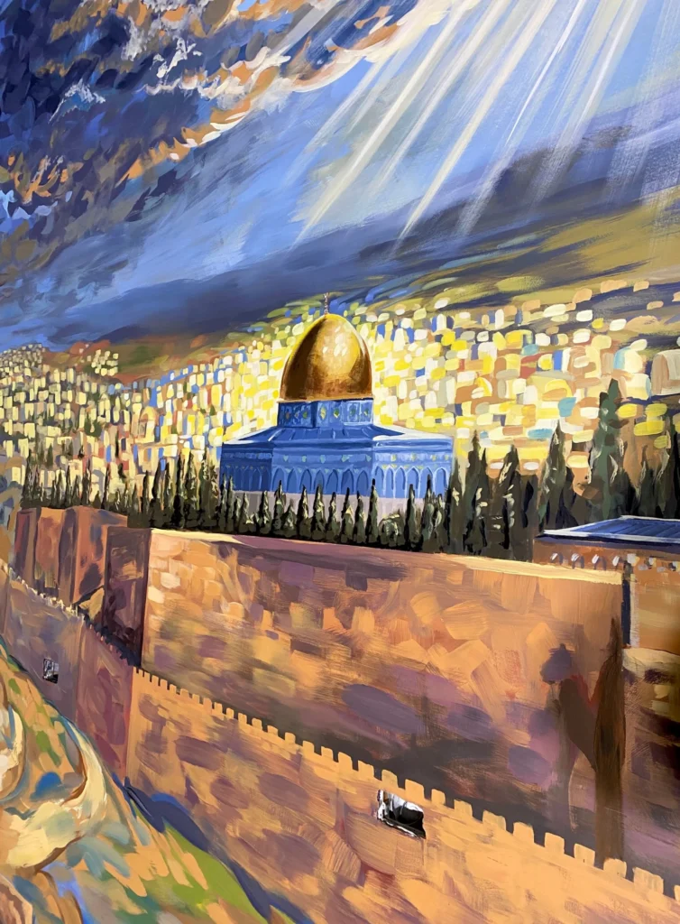Light over Al-Quds, mural by Caleb Wassell: sun rays break through blue clouds over the golden Dome of the Rock, cypress trees and the Old City walls of Jerusalem, Palestine.