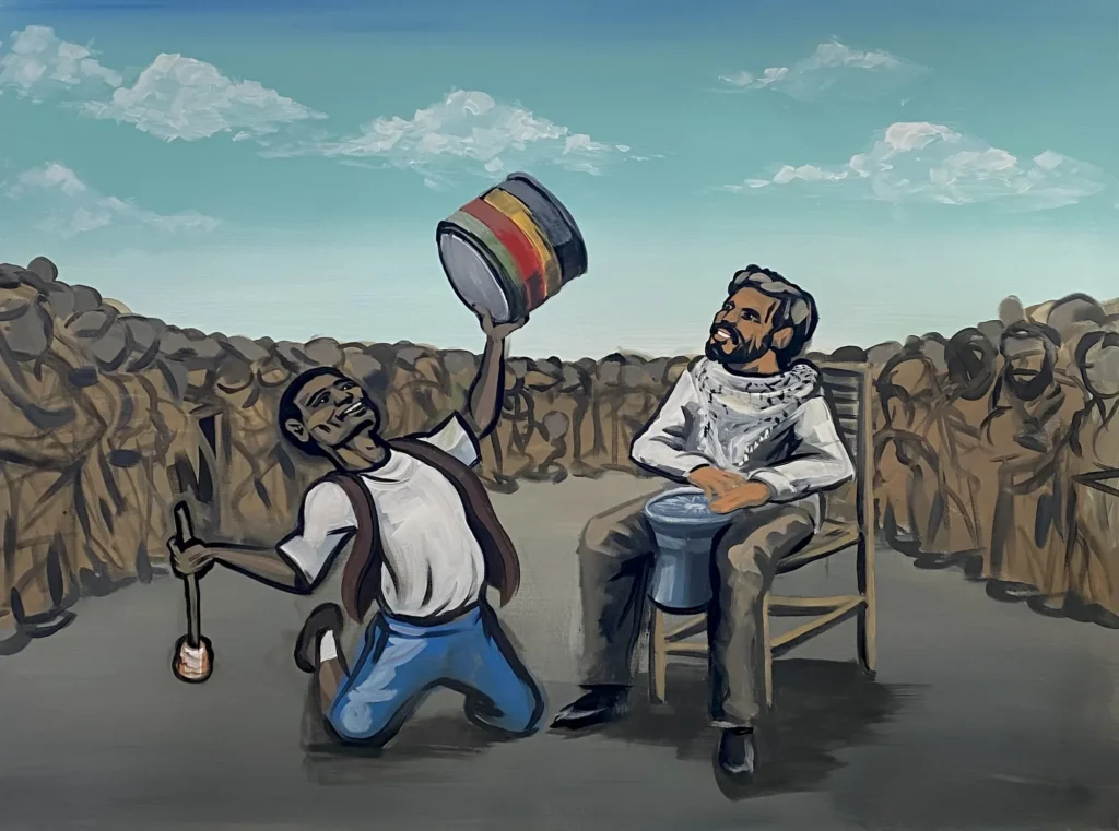 The Sound of Drums, painting by Caleb Wassell and Abid Shalabi: a kneeling man raises a Drum beside a Palestinian man seated playing the Tubla as a crowd looks on.