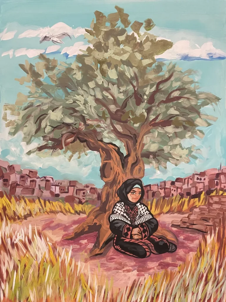 Rest Beneath the Olive Tree, painting by Caleb Wassell and Abid Shalabi: a Palestinian woman in a keffiyeh sitting beneath an olive tree in a golden field.