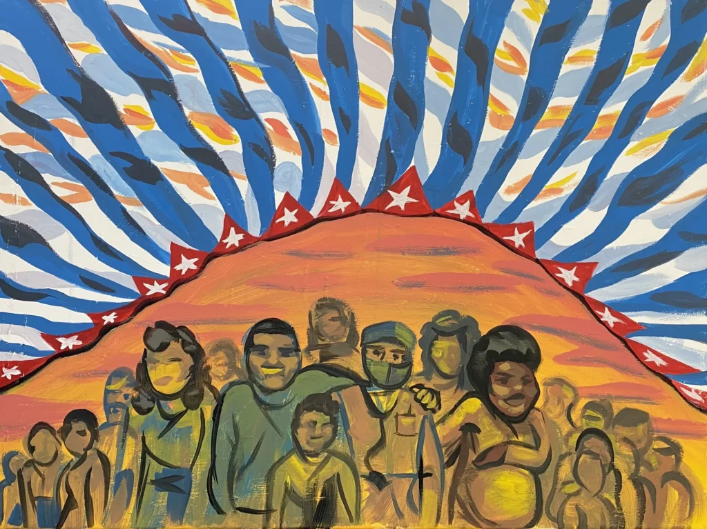 Under the Stripes, painting by Caleb Wassell: a crowd of Cuban people beneath a red, white, and blue Flag - Sunset.