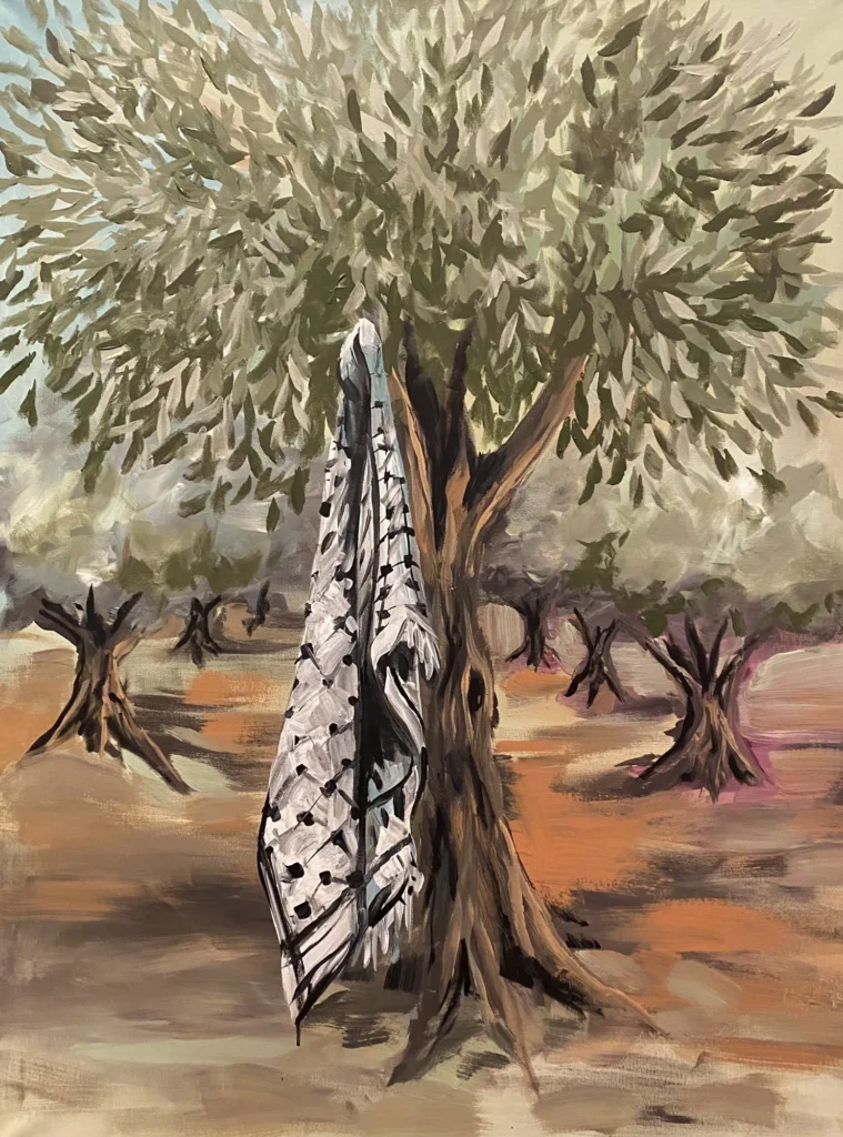 Keffiyeh in the Land, painting by Caleb Wassell and Abid Shalabi: a keffiyeh hanging from the trunk of an olive tree in Palestine