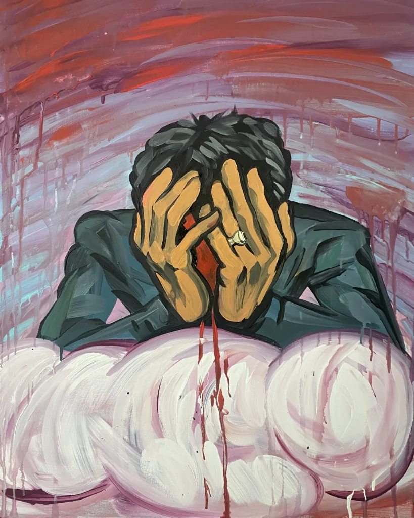 Hands Over His Eyes, painting by Caleb Wassell: a Palestinian man covers his face with his hands as red streams down over martyr's shroud.