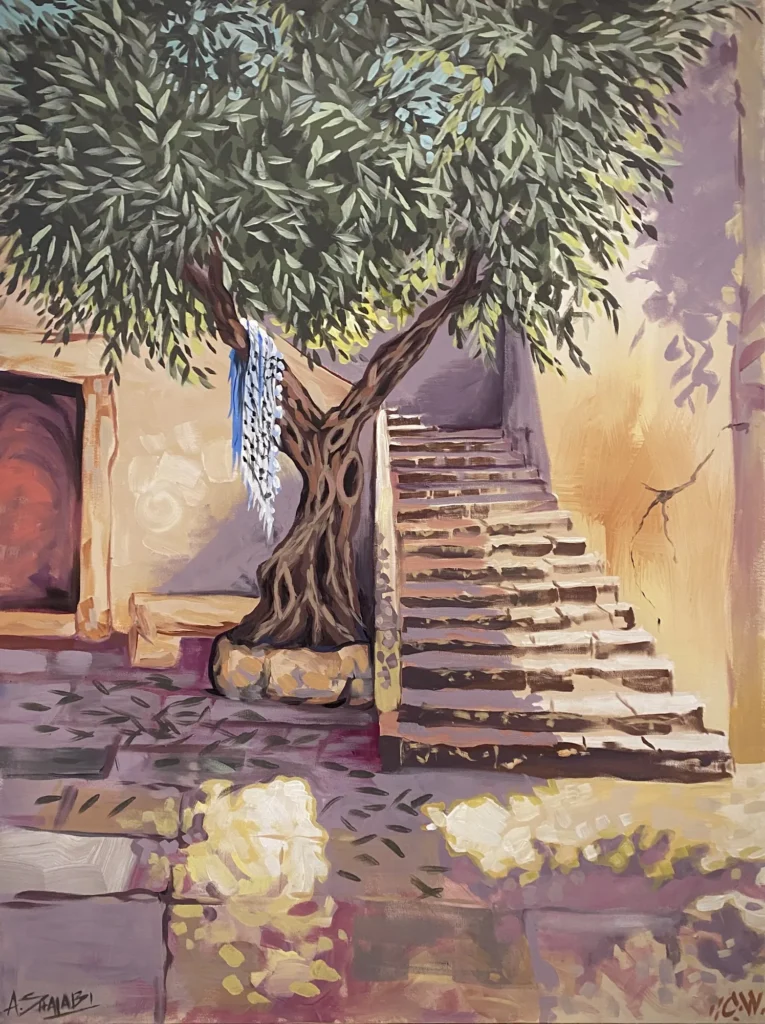 Courtyard Steps, painting by Caleb Wassell and Abid Shalabi: a stone stairway beside an olive tree in a sunlit old-city courtyard in Palestine.